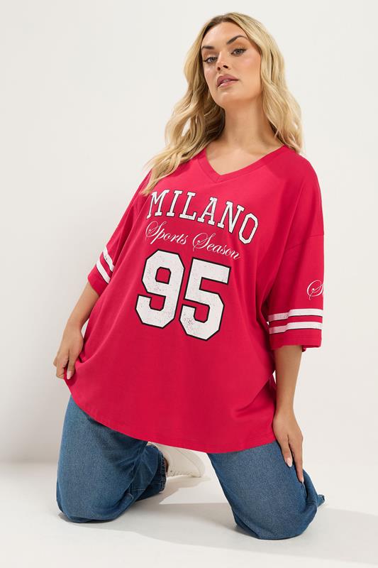 YOURS Plus Size Red 'Milano' Boxy Varsity T-Shirt | Yours Clothing 1