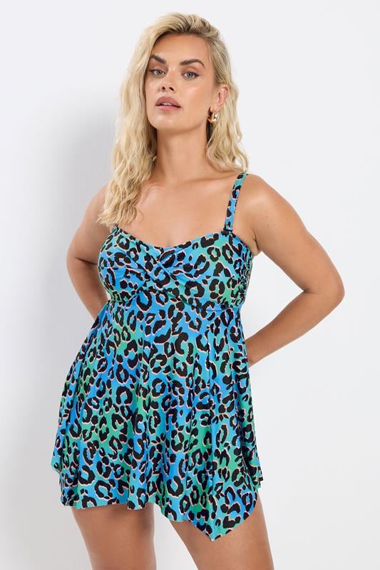 YOURS Plus Size Blue & Green Leopard Print Tankini Top | Yours Clothing 1