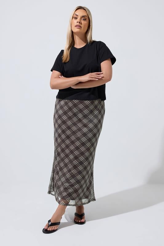LIMITED COLLECTION Plus Size Brown Checked Mesh Skirt | Yours Clothing 1