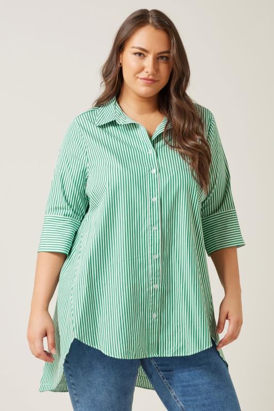 Evans Green & White Stripe Oversized Dipped Hem Shirt 1