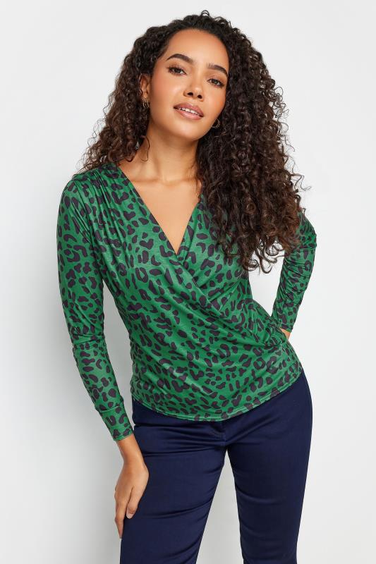 Women's  M&Co Green Leopard Print Wrap Top