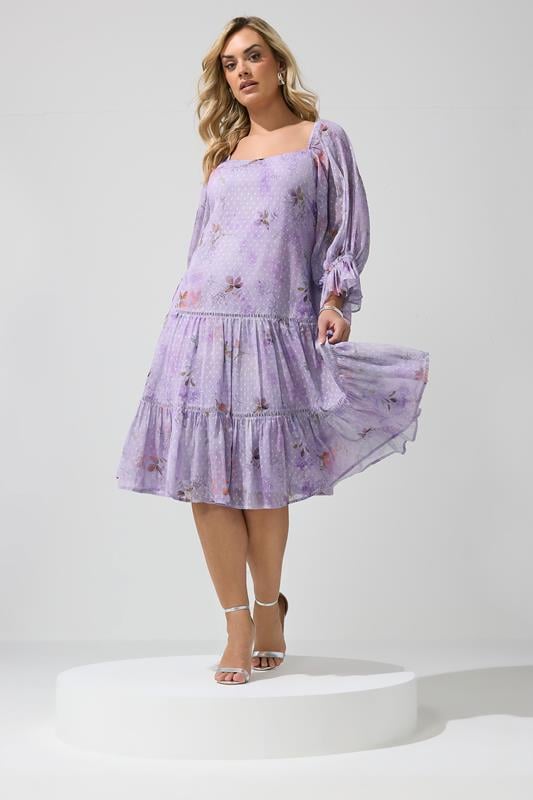  YOURS LONDON Curve Purple Floral Dobby Dress