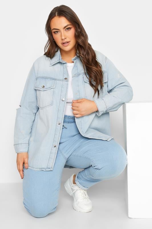 Plus Size  YOURS Curve Light Blue Western Style Distressed Denim Jacket