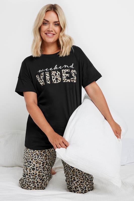 Plus Size  YOURS Curve Black 'Weekend Vibes' Wide Leg Pyjama Set