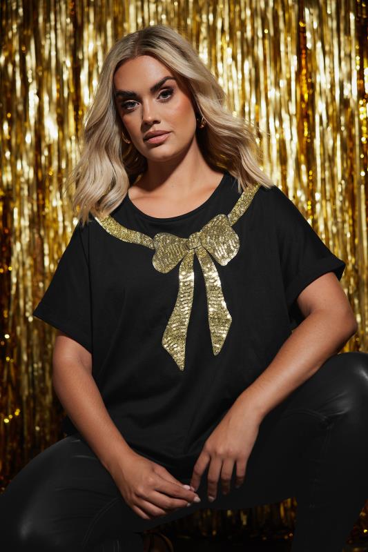 YOURS Plus Size Black Sequin Bow T-Shirt | Yours Clothing 1