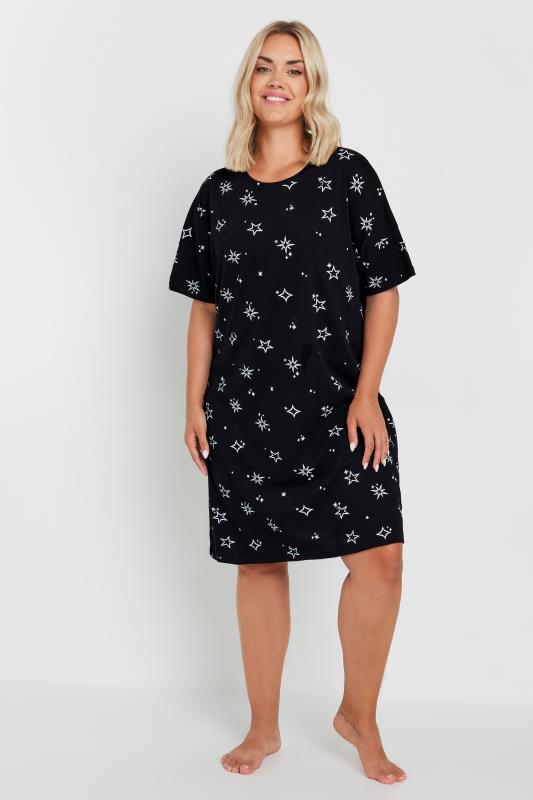 YOURS Plus Size Black Star Print Sleep Tee Nightdress | Yours Clothing 2