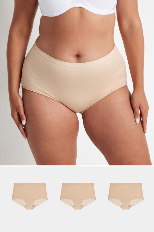 YOURS Plus Size 3 PACK Nude Lace Trim Briefs | Yours Clothing  1