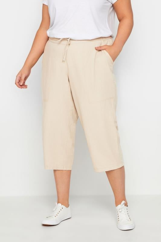 Plus Size  Evans Beige Brown Elasticated Waist Cropped Trousers