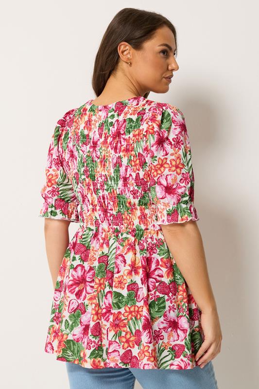 YOURS Plus Size Pink Floral Shirred Puff Sleeve Top |  Yours Clothing 2