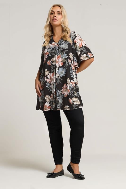 YOURS Plus Size Black Floral Print Pleat Front Top | Yours Clothing 1