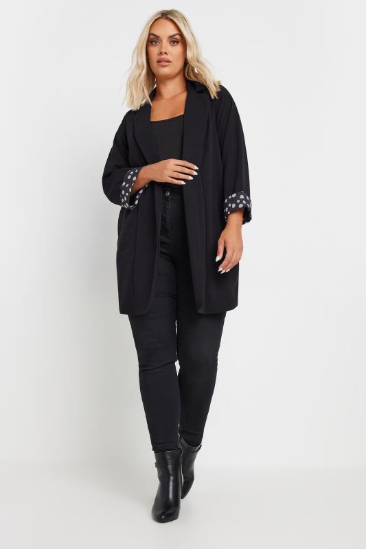 YOURS Curve Plus Size Black Polka Dot Roll Back Sleeve Blazer | Yours Clothing 2