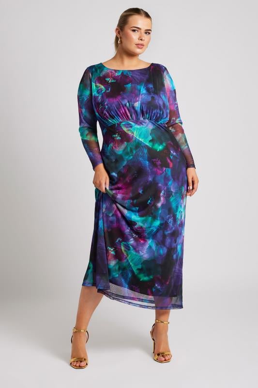 YOURS LONDON Plus Size Purple Blur Floral Print Mesh Maxi Dress | Yours Clothing  2