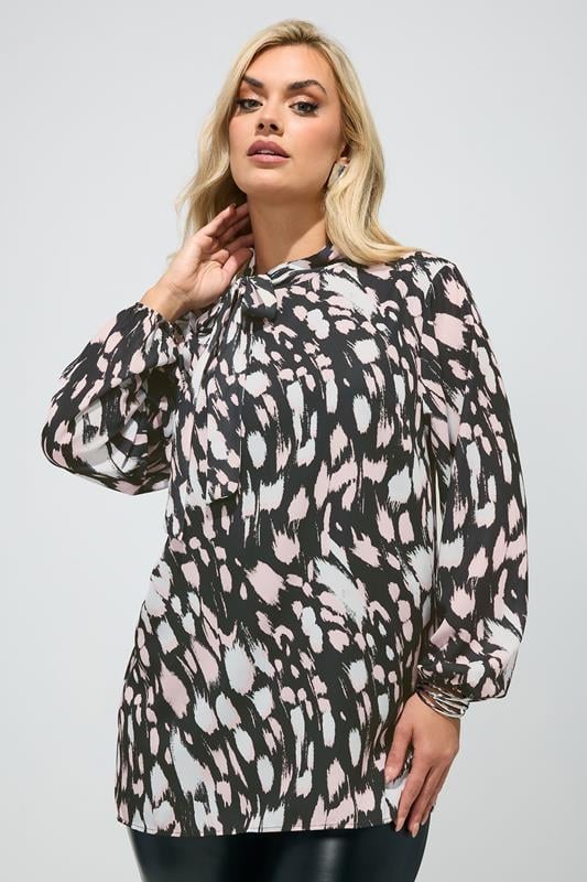  YOURS LONDON Curve Black Animal Print Bow Neck Blouse