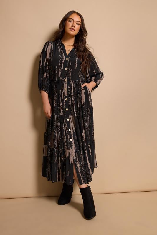 Plus Size  EVANS Curve Black Premium Smudge Print Tiered Maxi Dress