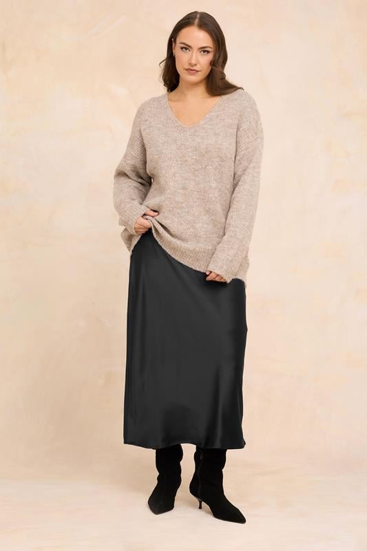 EVANS Plus Size Black Satin Slip-On Midi Skirt | Evans 1