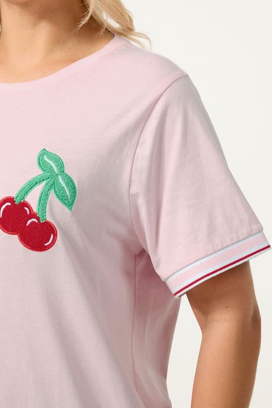 YOURS Plus Size Pink Cherry Varsity Trim T-Shirt | Yours Clothing 4
