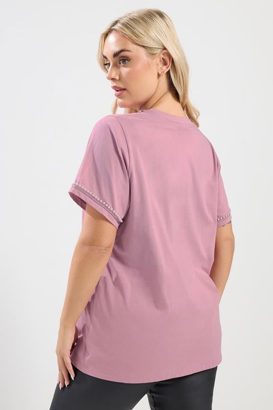 YOURS Plus Size Pink Pearl Trim T-Shirt | Yours Clothing 2