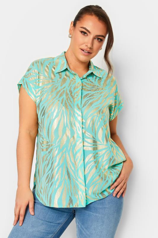 YOURS Curve Plus Size Mint Green & Gold Animal Print Shirt | Yours Clothing  1