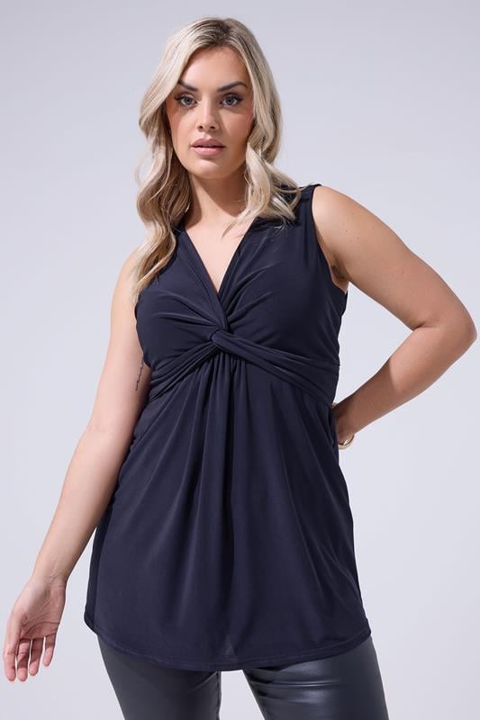  YOURS LONDON Curve Navy Blue Sleeveless Knot Front Top