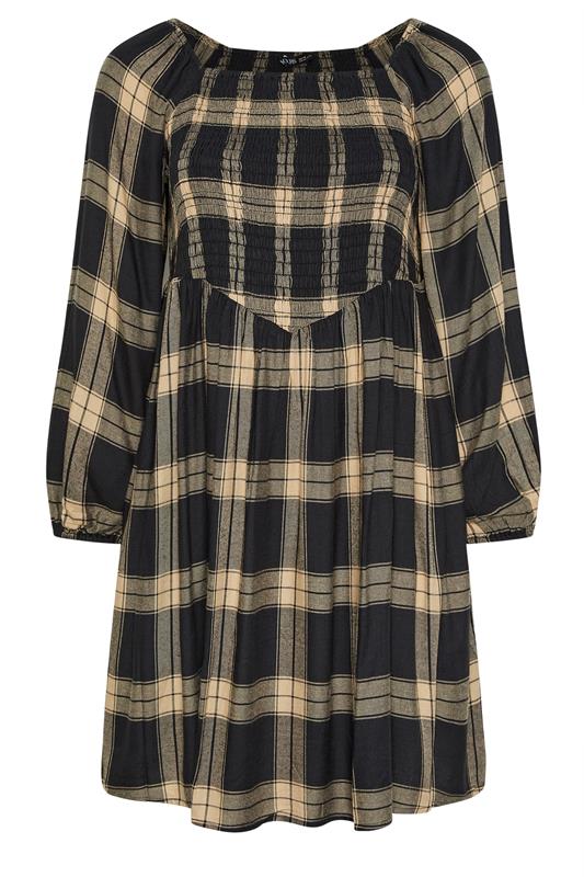 YOURS Plus Size Black & Brown Check Shirred Mini Dress | Yours Clothing 5