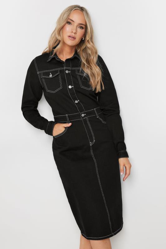 LTS Tall Black Contrast Stitch Denim Midi Dress | Long Tall Sally 5