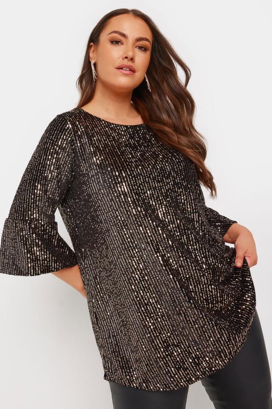 YOURS Plus Size Black & Gold Velvet Sequin Top | Yours Clothing 1