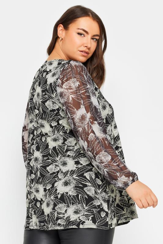 YOURS Plus Size Black Floral Mesh Sleeve Top | Yours Clothing 3