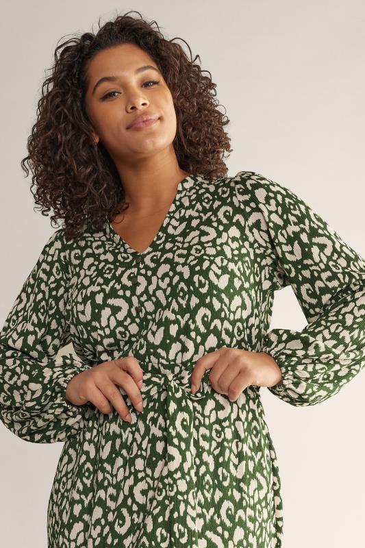 EVANS Curve Khaki Green Leopard Print Tie Waist Midi Dress | Evans  4