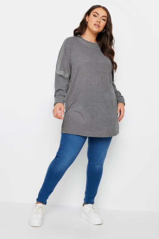 YOURS Plus Size Grey Stud Neckline Embellished Jumper | Yours Clothing 4