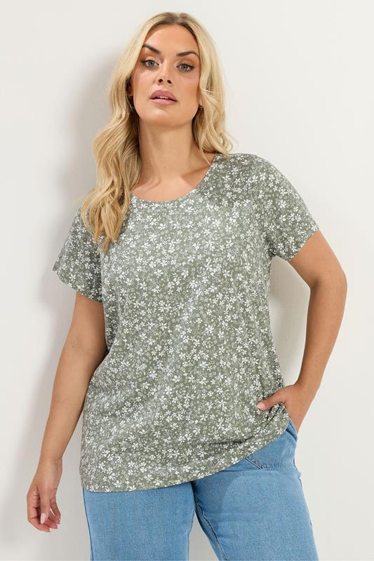 YOURSET 2 PACK Plus Size Sage Green & Pink Ditsy Floral T-Shirts | Yours Clothing 1