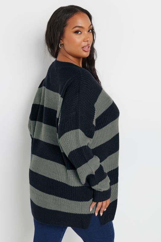 YOURS Plus Size Navy Blue & Grey Stripe Knitted Jumper | Yours Clothing 3