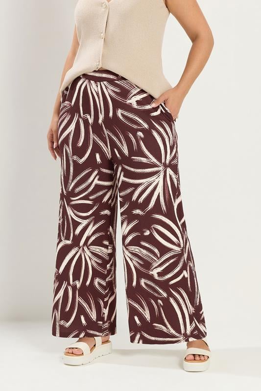 YOURS Plus Size Brown Abstract Print Wide Leg Trousers | Yours Clothing 2