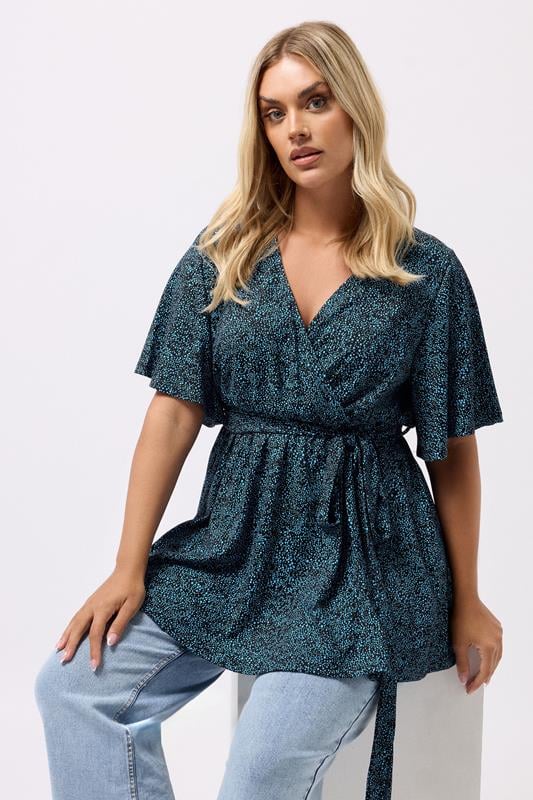 Plus Size  YOURS Curve Blue Spot Print Wrap Top