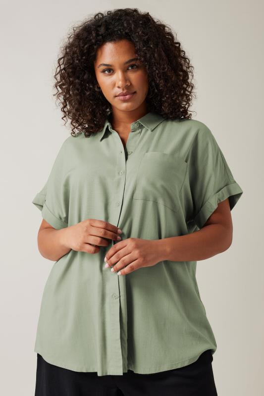 EVANS Plus Size Khaki Green Dipped Hem Shirt | Evans  1