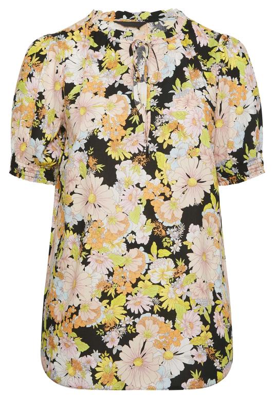 YOURS Plus Size Black & Yellow Floral Print Tie Neck Blouse | Yours Clothing 6