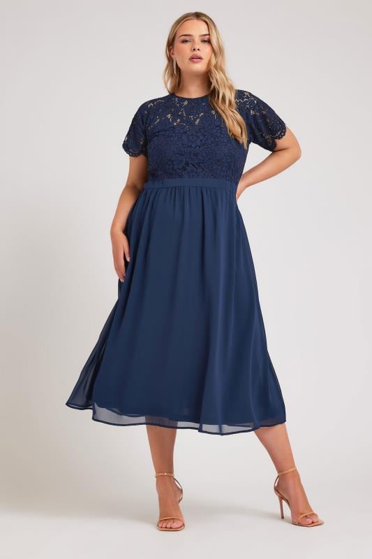 YOURS LONDON Plus Size Navy Blue Lace Sweetheart Midi Dress | Yours Clothing 2