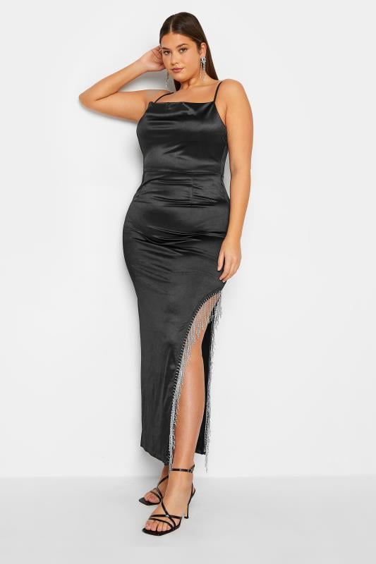 LTS Tall Black Maxi Diamante Spilt Slip Dress | Long Tall Sally 2