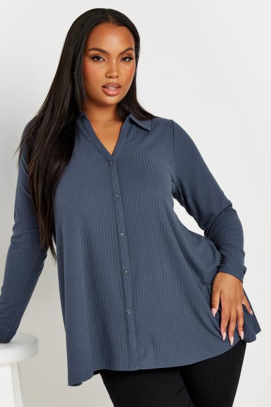 YOURS Plus Size Slate Grey Ribbed Button Front Long Sleeve Collared Top | Yours Clothing 1