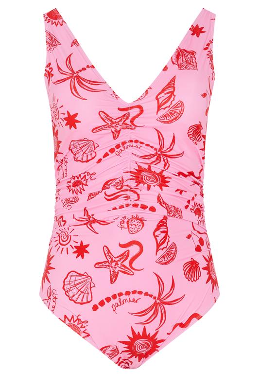 YOURS Plus Size Pink Shell Print Ruched Plunge Swimsuit | Yours Clothing 6