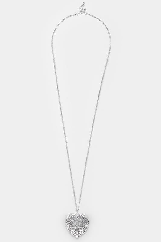 Silver Tone Filigree Heart Long Necklace