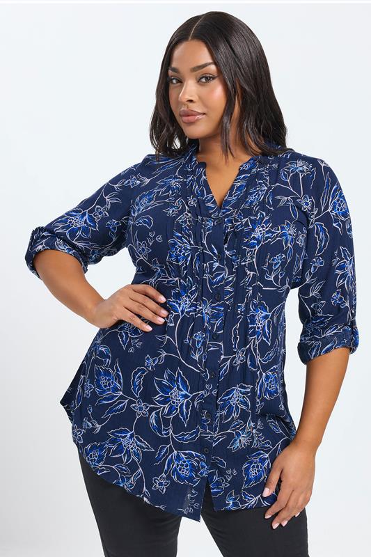 Plus Size  YOURS Curve Navy Blue Floral Print Pintuck Blouse