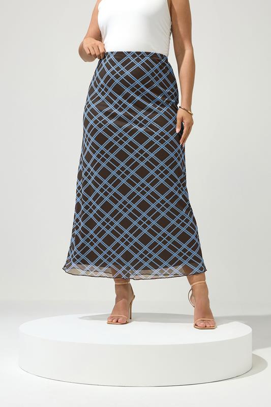 YOURS LONDON Plus Size Brown & Blue Check Maxi Skirt | Yours Clothing 2