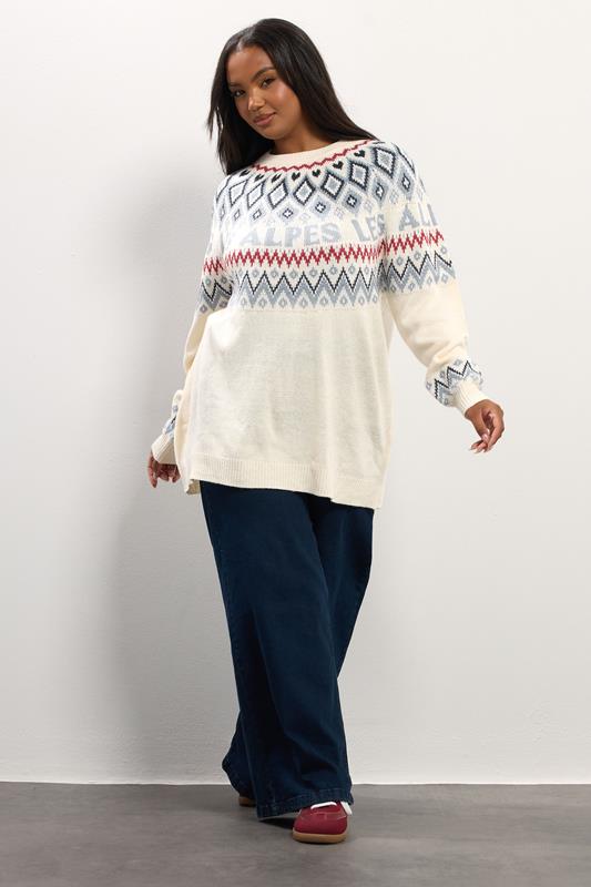 YOURS Plus Size Ivory White Fairisle 'Les Alpes' Knitted Jumper | Yours Clothing 2