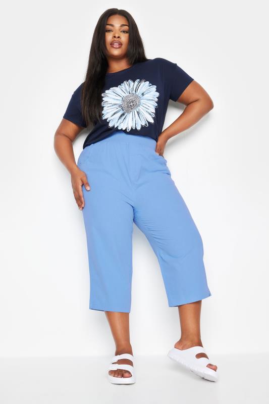 YOURS Plus Size Light Blue Elasticated Cool Cotton Cropped Trousers | Yours Clothing 2