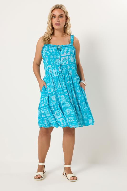 YOURS Plus Size Blue Mixed Shell Print Dress | Yours Clothing 2