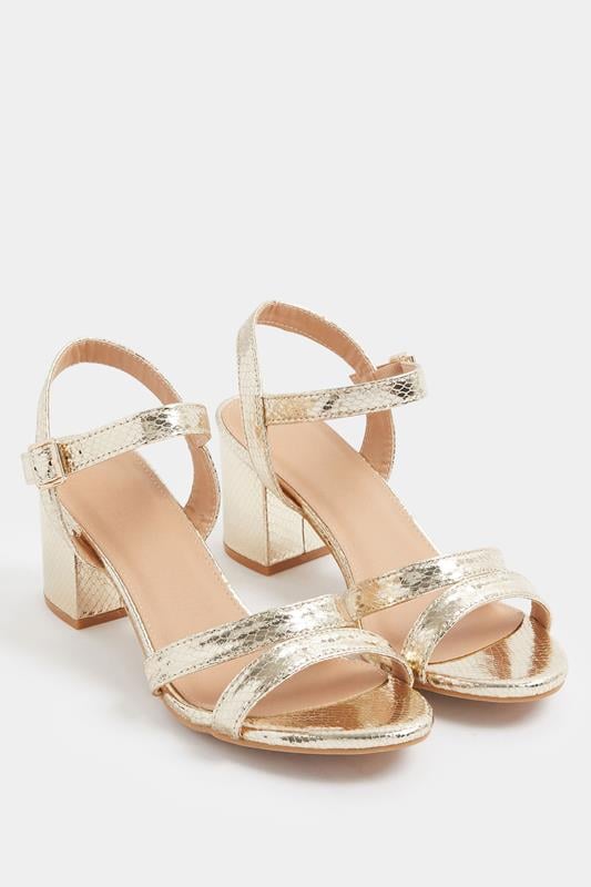  Yours Gold Faux Leather Mid Block Heel Sandals In Wide E Fit
