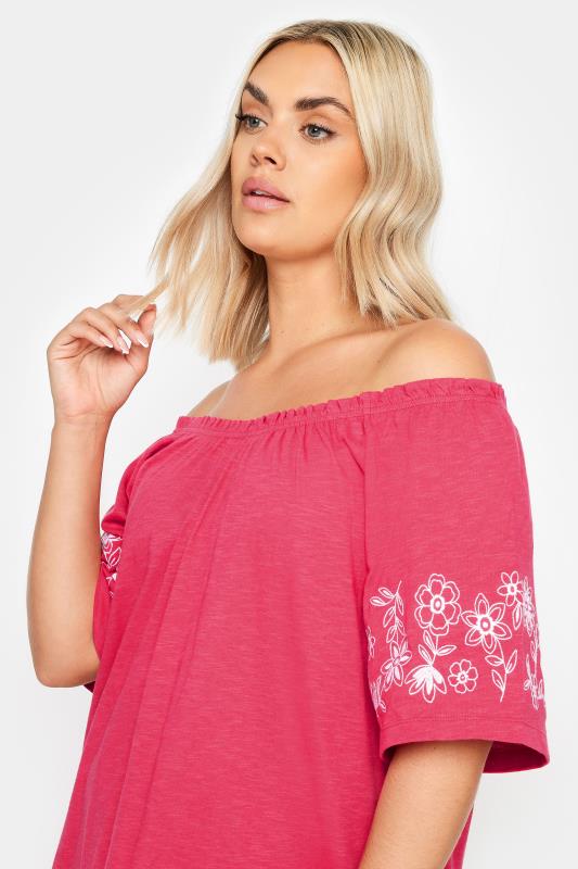 YOURS Plus Size Pink Embroidered Detail Bardot Top | Yours Clothing 4