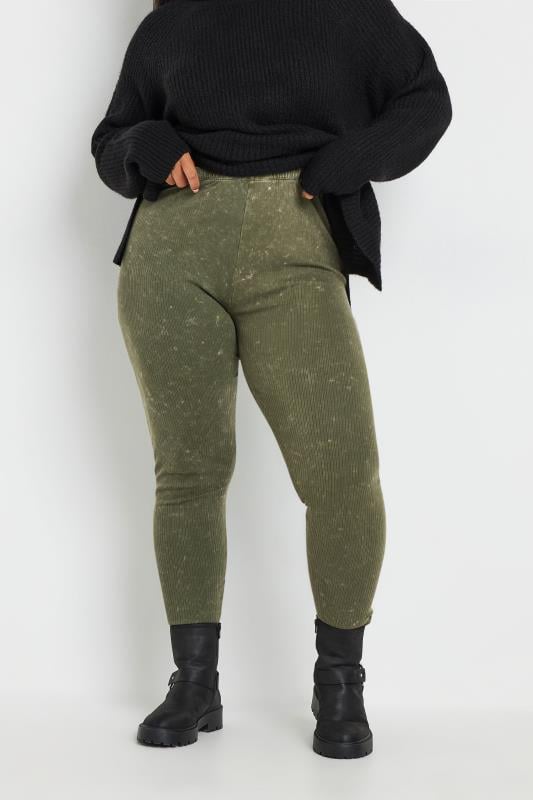 YOURS Plus Size Khaki Green Acid Wash Ribbed Leggings | Yours Clothing 1