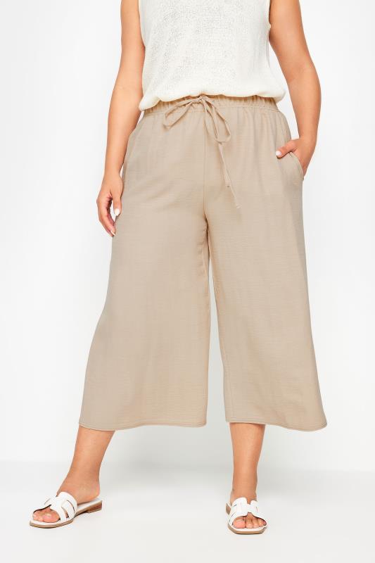 YOURS Plus Size Beige Brown Linen Look Cropped Trousers | Yours Clothing 1