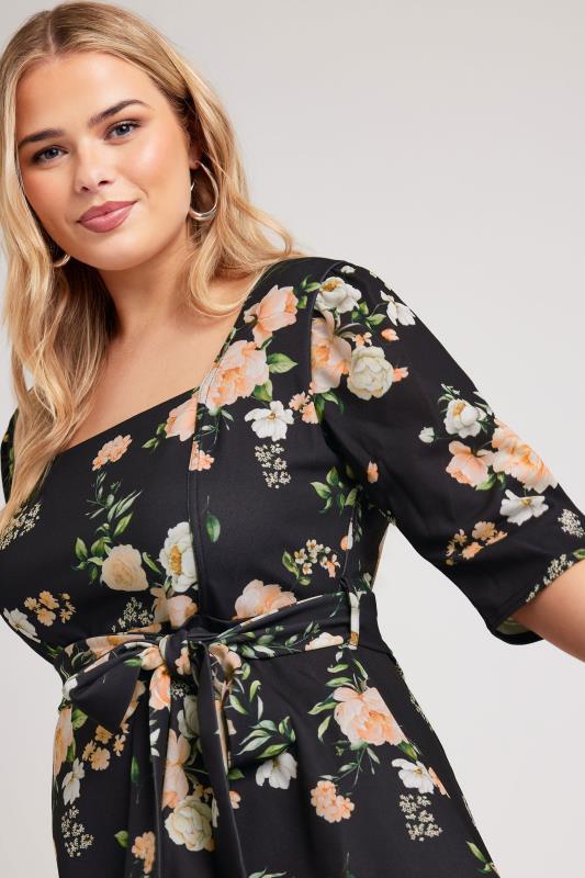 YOURS LONDON Plus Size Black Floral Print Square Neck Top | Yours Clothing 1